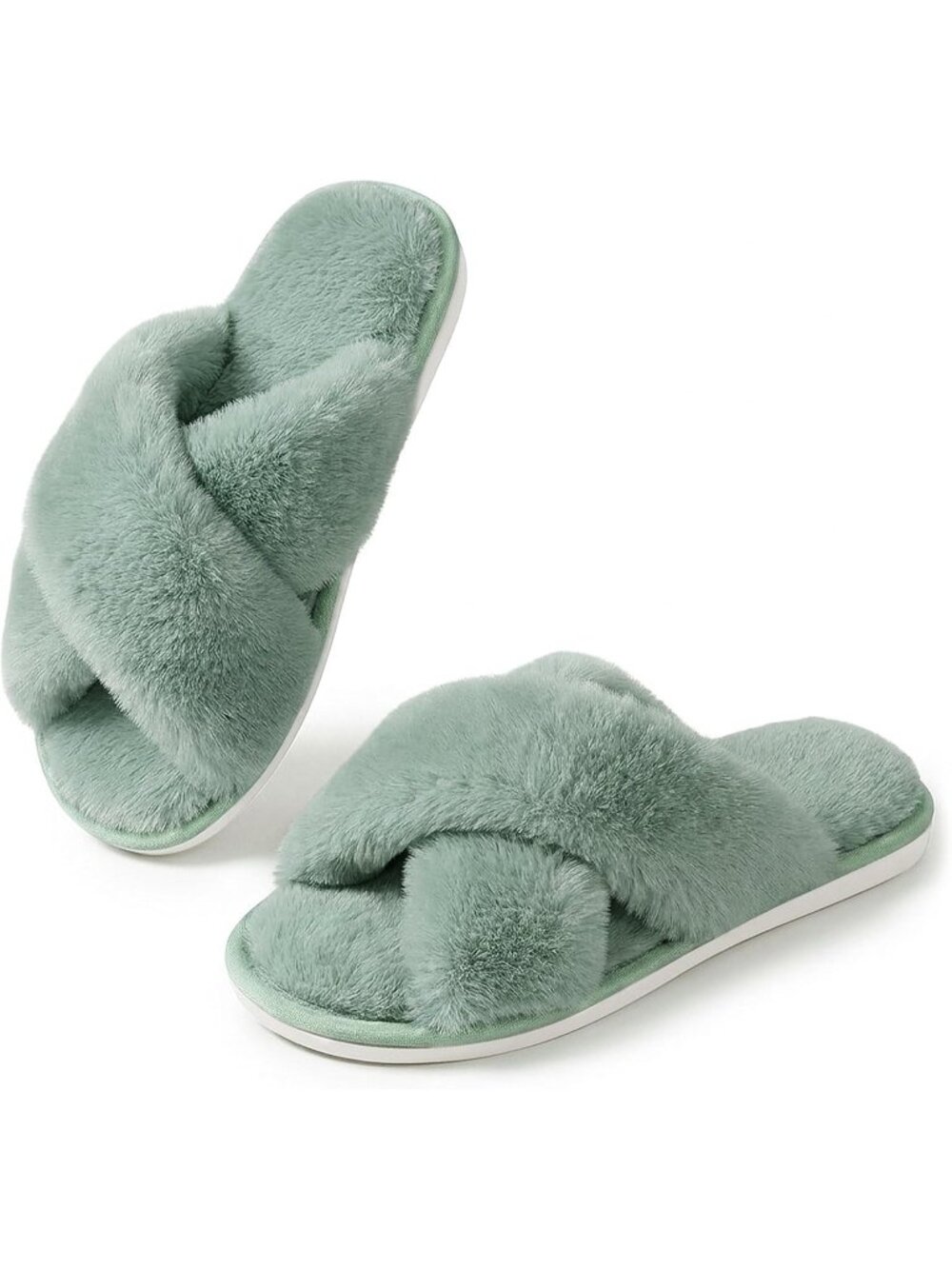 Women's Sage Green Cross Band Memory Foam Open Toe Comfy Fuzzy Indoor Slippers